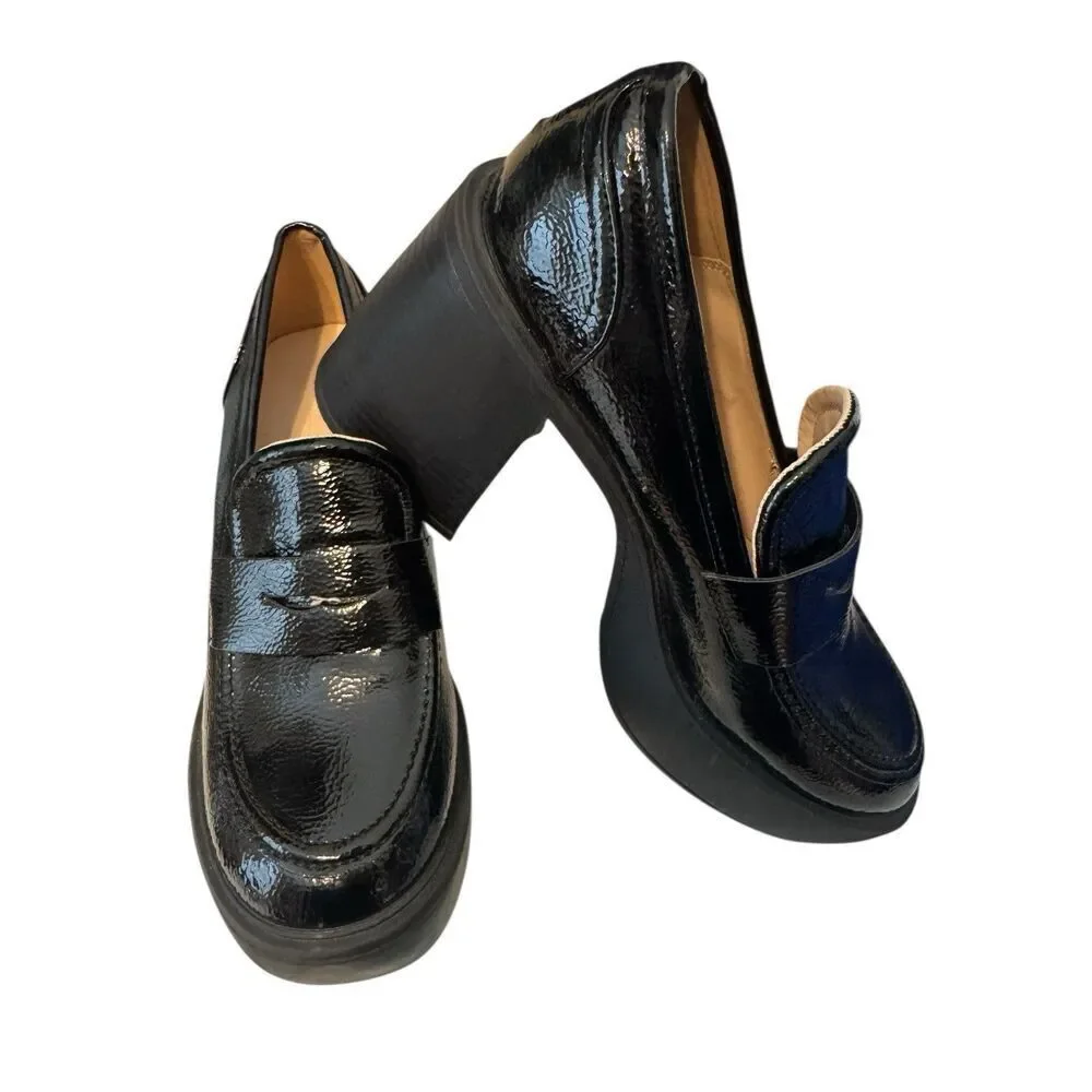 New PRINCESS POLLY Black Loafer Patent Leather Platform Heels Trending Sz 7